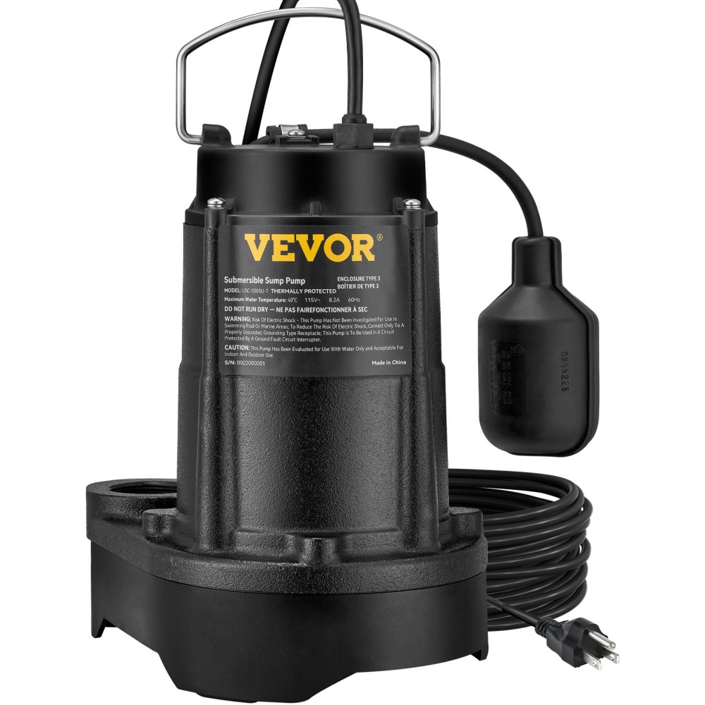 VEVOR Sump Pump, 1/2 HP 3960 GPH, Submersible Cast Iron Water Pump, 1-1/2" NPT Discharge With 33 ft Power Cord, Automatic Float Switch with Piggy-back Plug, for Indoor Basement Water Basin - WSBZT05HP110V0T0WV1