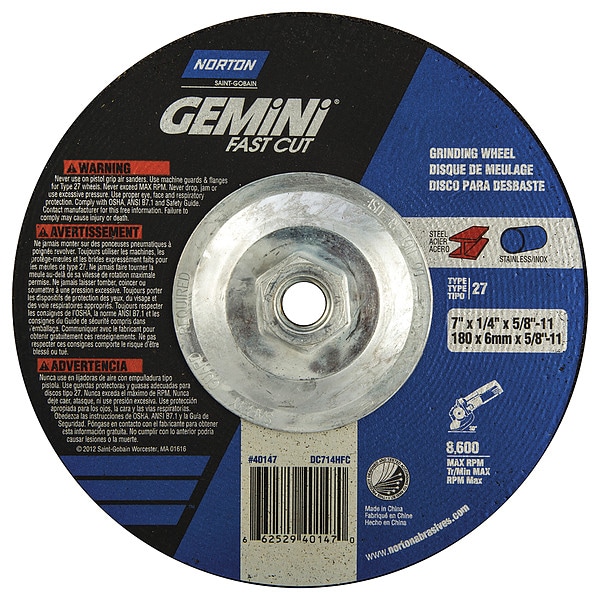 Ruedas de centro deprimido Norton Abrasives, Tipo 27, 7 pulgadas de diámetro, 0.25 pulgadas de grosor, tamaño de agujero de árbol de 5/8"-11, óxido de aluminio -66252940147