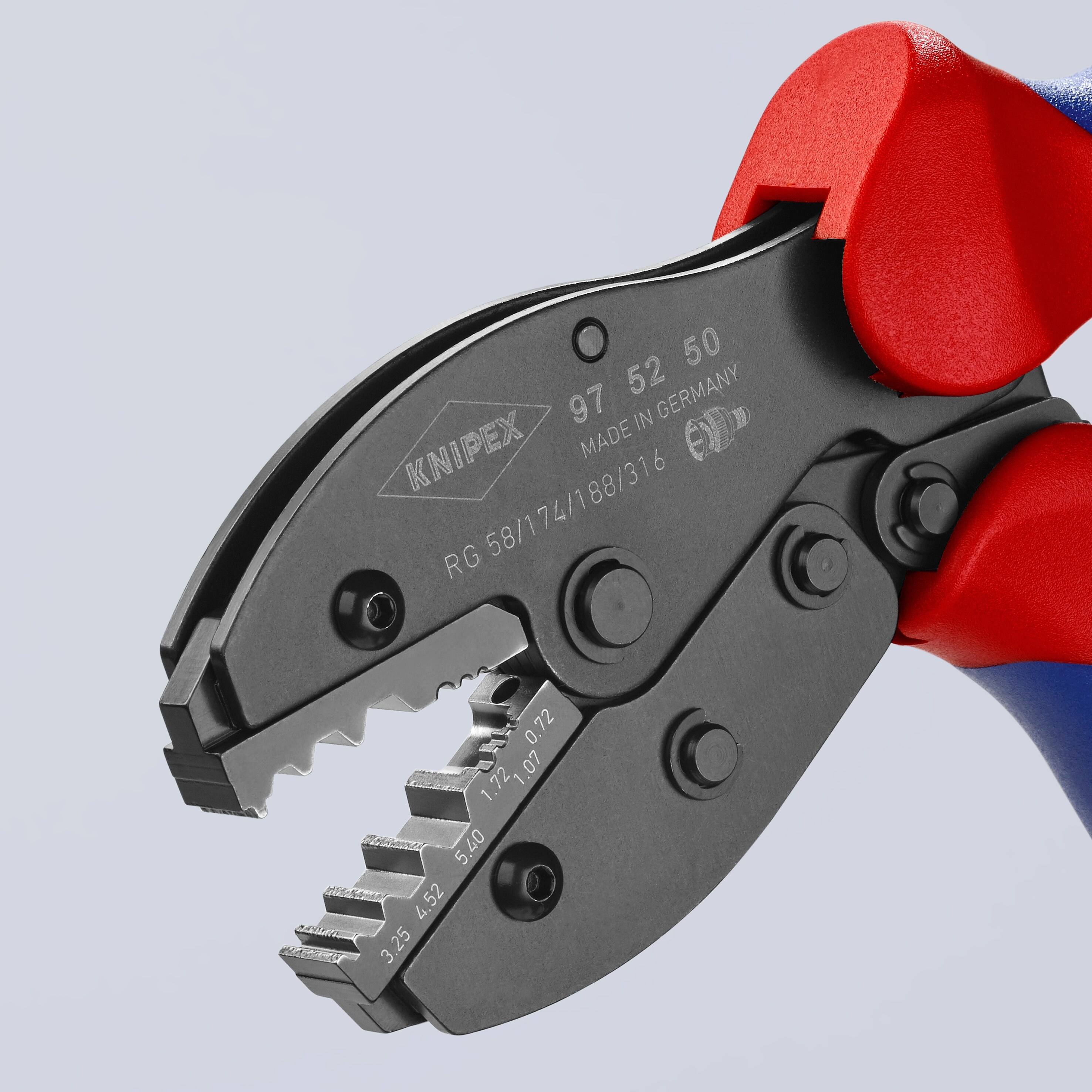 KNIPEX Alicates de Crimpado con Mangos de Confort Rojos de 8.7 pulgadas, con Dados de Precisión y Mecanismo de Liberación Automática - 97 52 50