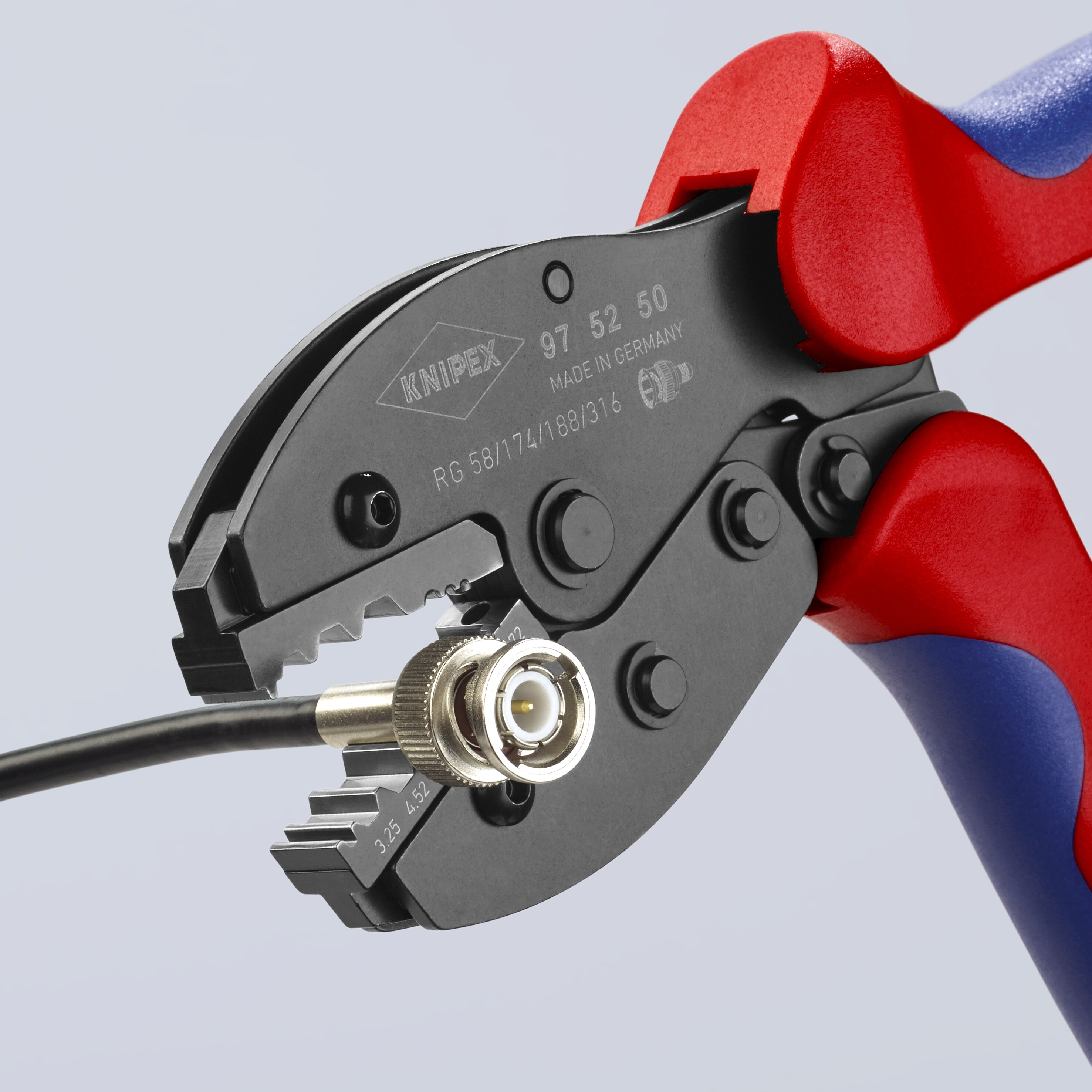 KNIPEX Alicates de Crimpado con Mangos de Confort Rojos de 8.7 pulgadas, con Dados de Precisión y Mecanismo de Liberación Automática - 97 52 50