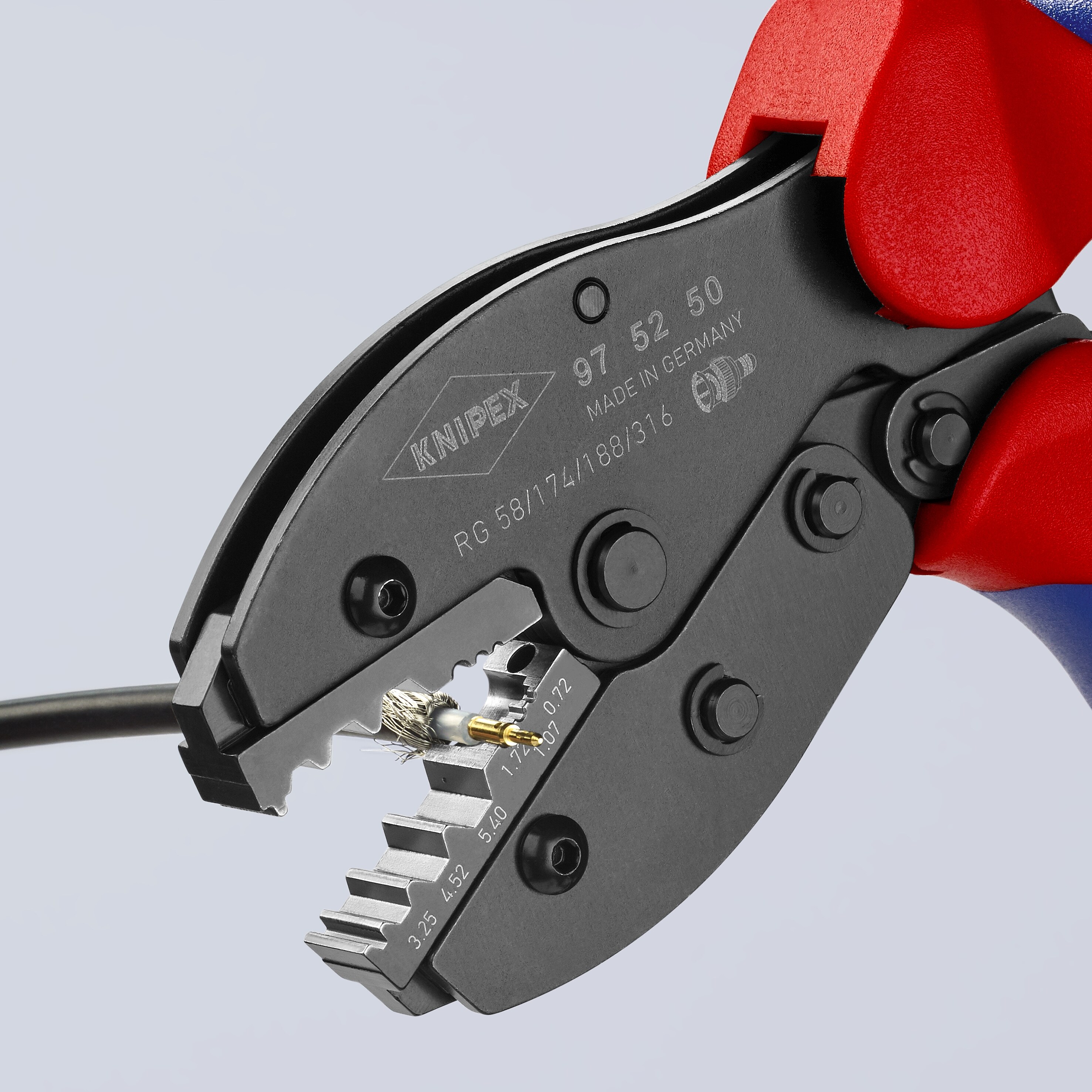 KNIPEX Alicates de Crimpado con Mangos de Confort Rojos de 8.7 pulgadas, con Dados de Precisión y Mecanismo de Liberación Automática - 97 52 50
