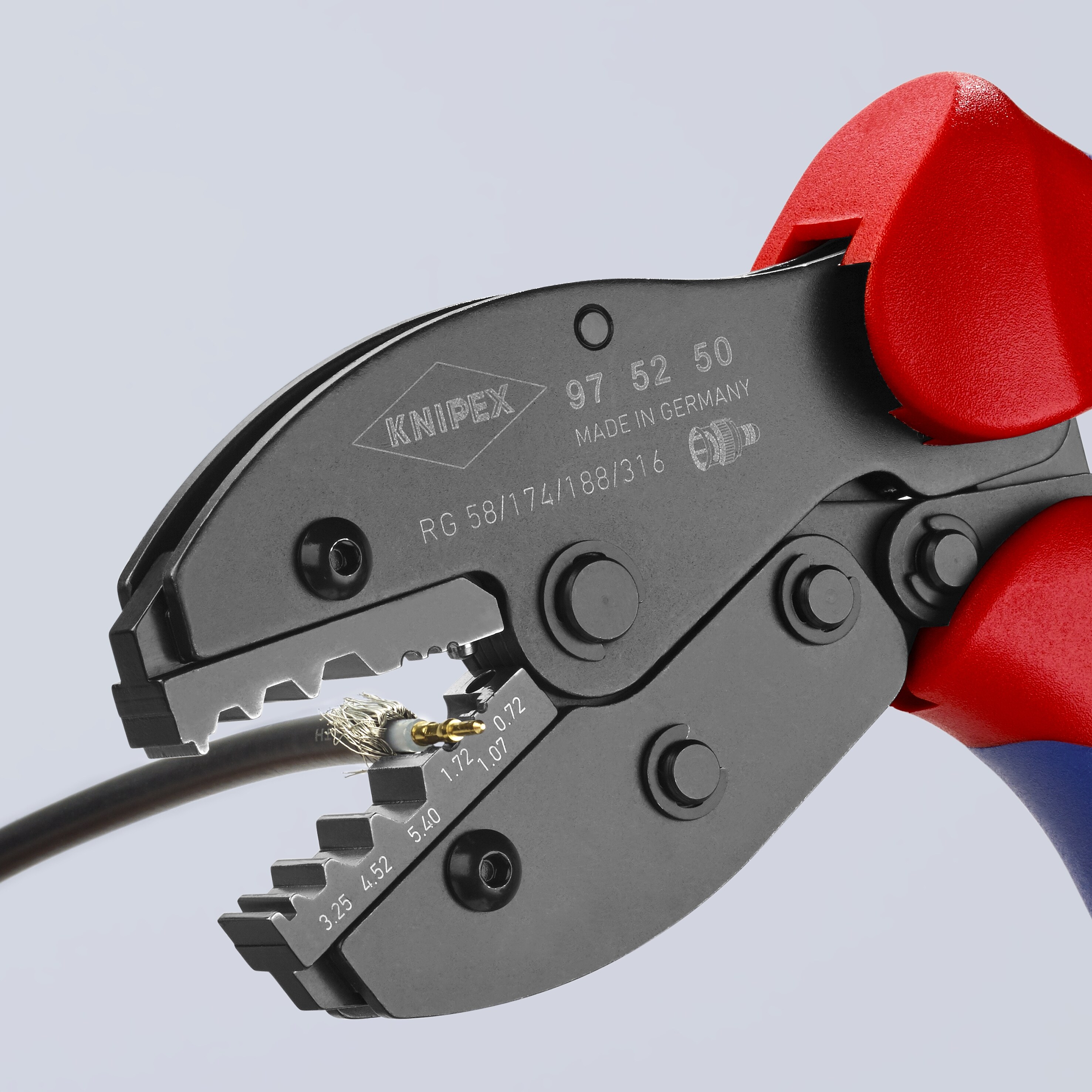 KNIPEX Alicates de Crimpado con Mangos de Confort Rojos de 8.7 pulgadas, con Dados de Precisión y Mecanismo de Liberación Automática - 97 52 50