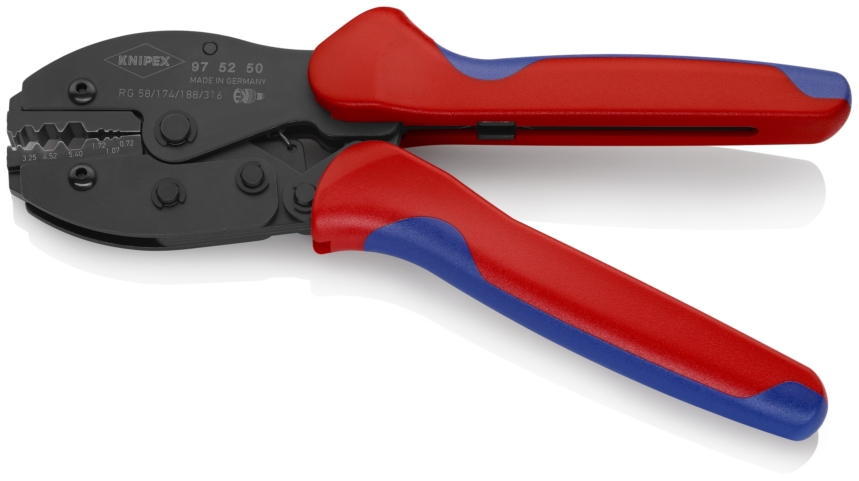 KNIPEX Alicates de Crimpado con Mangos de Confort Rojos de 8.7 pulgadas, con Dados de Precisión y Mecanismo de Liberación Automática - 97 52 50