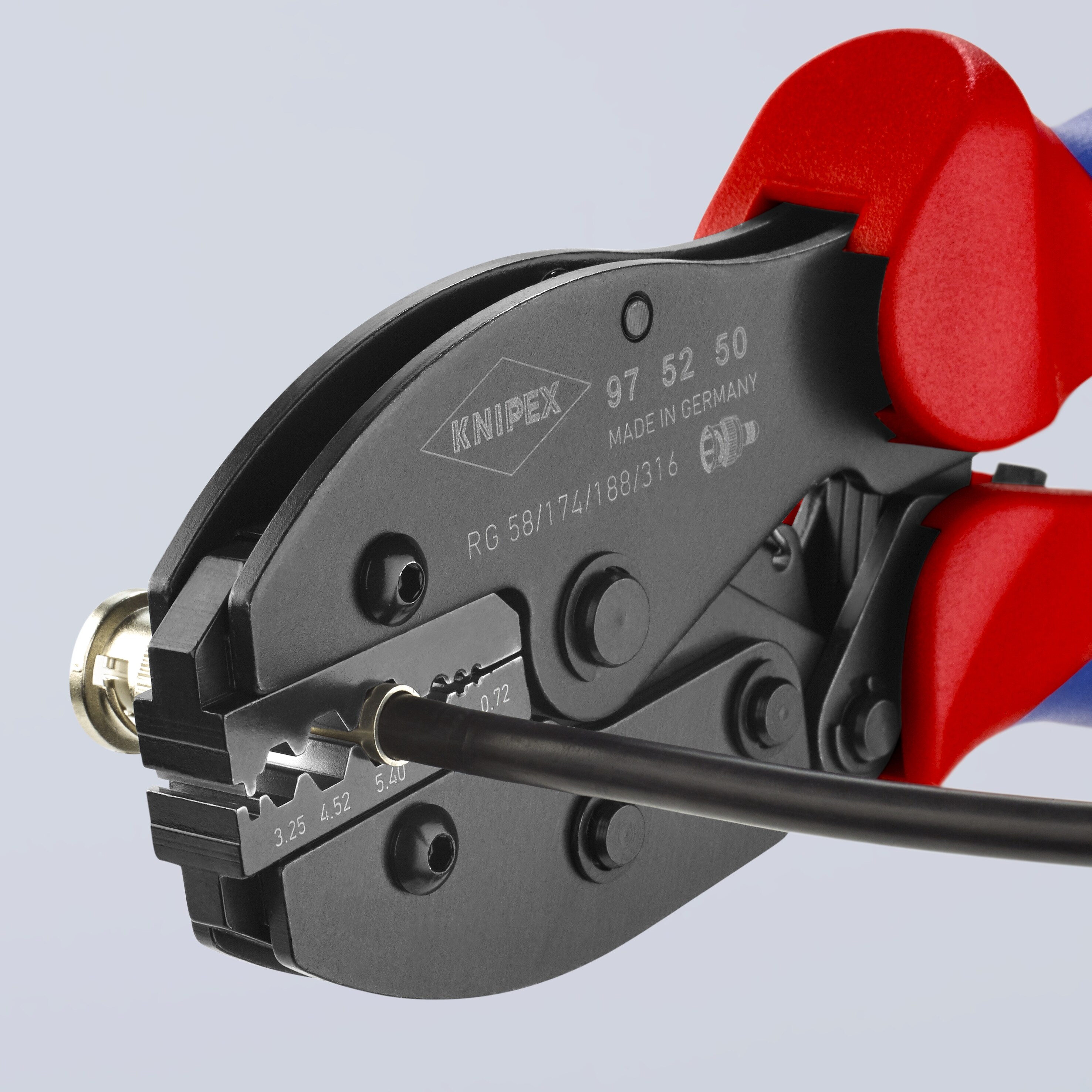 KNIPEX Alicates de Crimpado con Mangos de Confort Rojos de 8.7 pulgadas, con Dados de Precisión y Mecanismo de Liberación Automática - 97 52 50