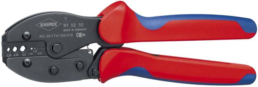 KNIPEX Alicates de Crimpado con Mangos de Confort Rojos de 8.7 pulgadas, con Dados de Precisión y Mecanismo de Liberación Automática - 97 52 50