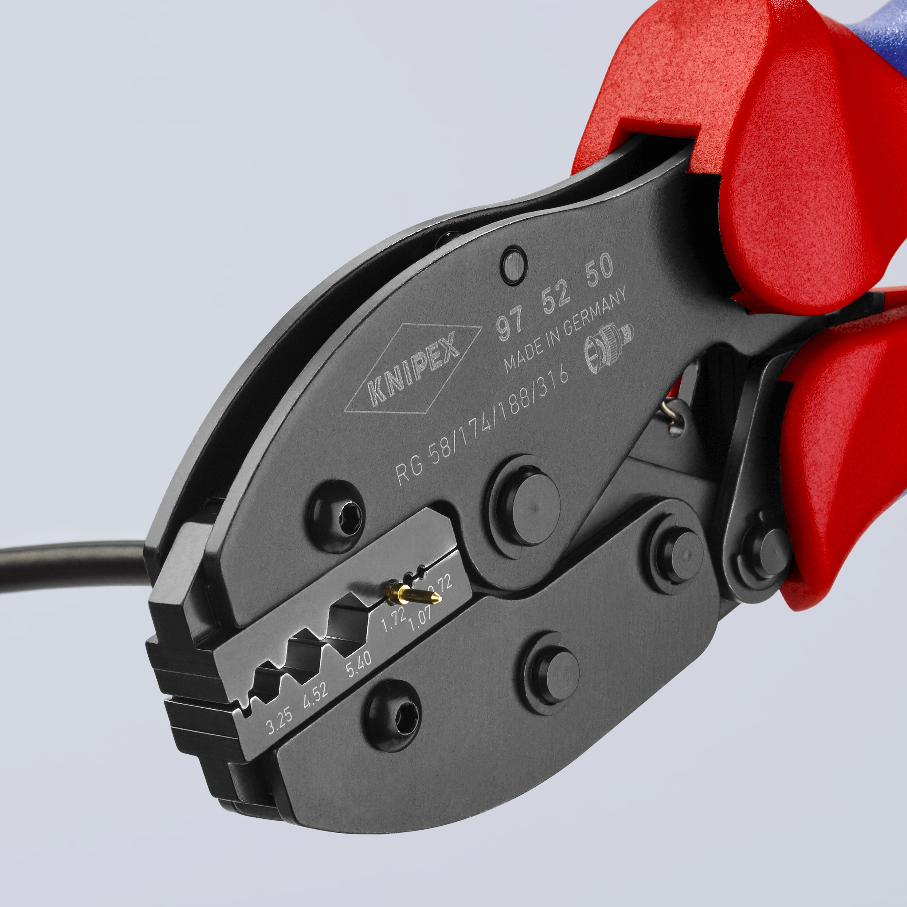 KNIPEX Alicates de Crimpado con Mangos de Confort Rojos de 8.7 pulgadas, con Dados de Precisión y Mecanismo de Liberación Automática - 97 52 50