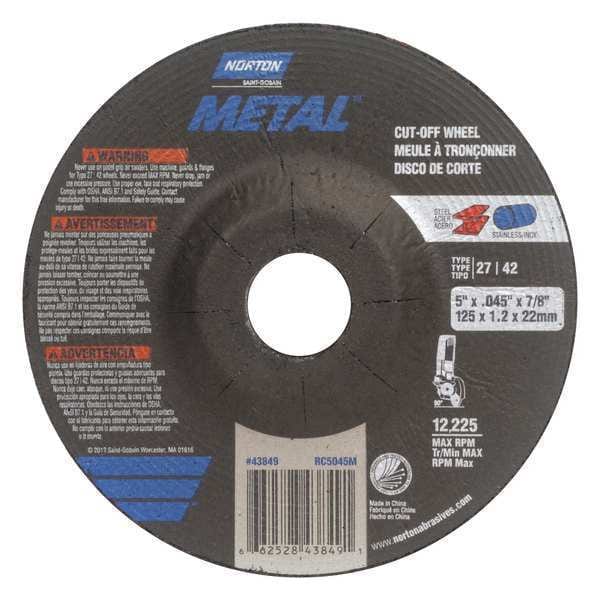Ruedas de Centro Deprimido Norton Abrasives, Tipo 27, 5 pulgadas de diámetro, 0.045 pulgadas de grosor, tamaño de agujero del eje de 7/8 pulgadas, Óxido de Aluminio - 66252843849