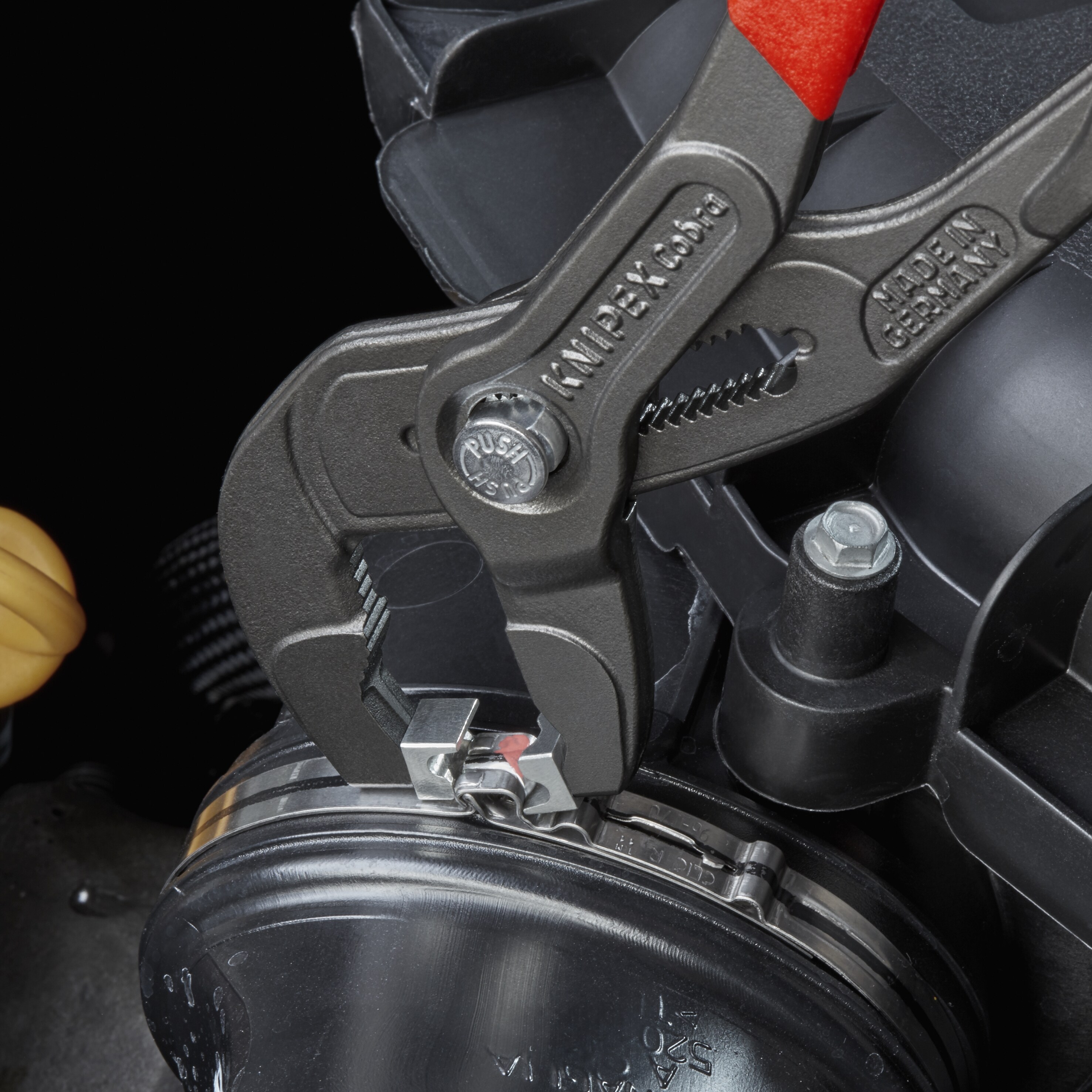 KNIPEX 9.9 pulgadas Pinzas de lengüeta y ranura para aplicaciones automotrices con puntas giratorias y mordazas con botón operado - 85 51 250 C