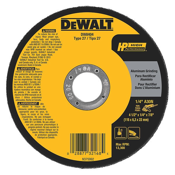 Rueda de esmerilado de aluminio Dewalt 4-1/2" x 1/4" x 7/8" - DW8404