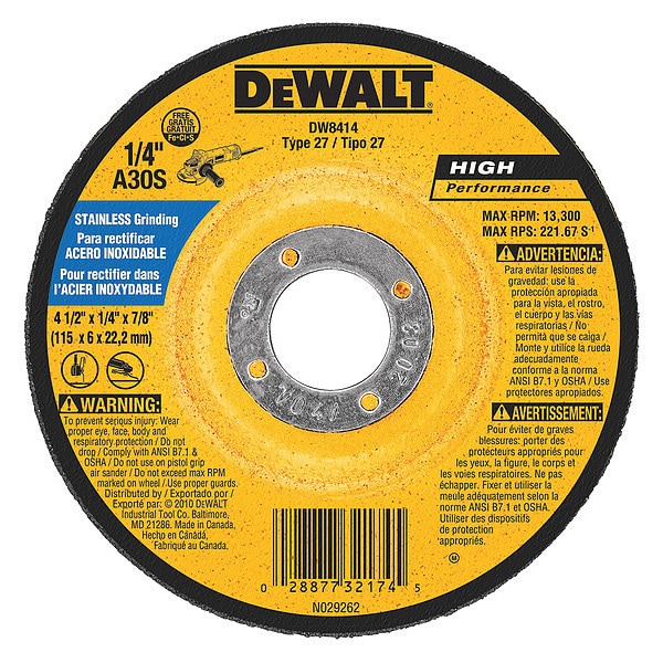 Rueda de acero inoxidable Dewalt de 4-1/2" x 1/4" x 7/8" - DW8414