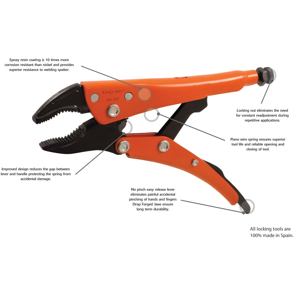 Pinzas de Bloqueo Grip-on de 13 pulgadas, acero naranja con capacidad de mandíbula de 1.75 pulgadas y mango de 9 pulgadas - 182-12.