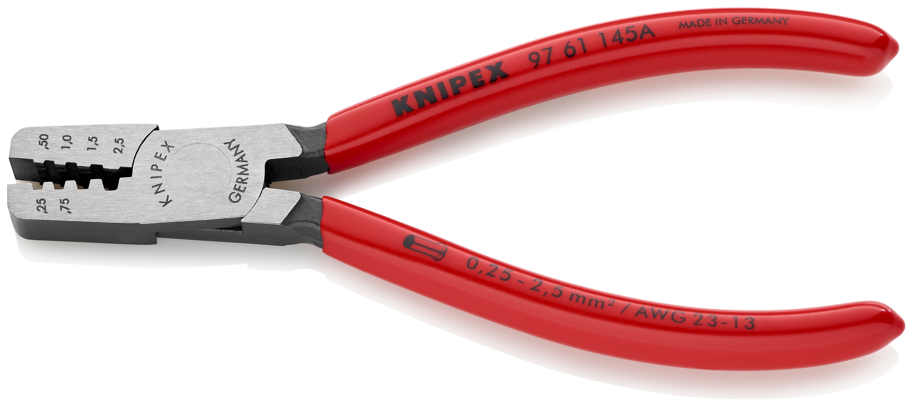 KNIPEX Prensadora Roja KNIPEX de 5.85 pulgadas para terminales (férulas) - Capacidad de 0.25 a 2.5 mm2 - 97 61 145 A