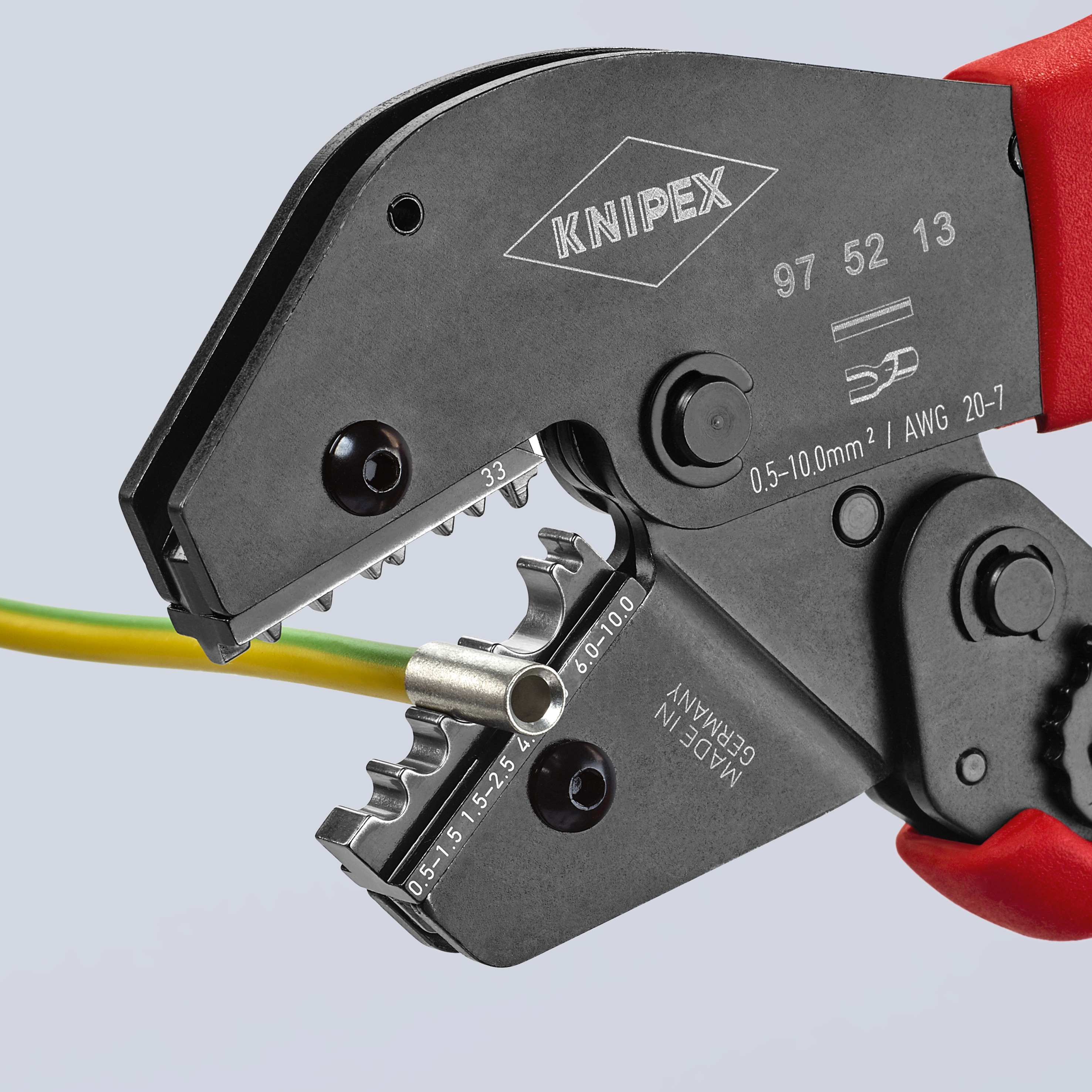 KNIPEX Pinzas de Crimpado Rojas de 10 pulgadas en Acero al Cromo Vanadio con Mango de Confort - Pinzas de Crimpado Eléctrico 97 52 13