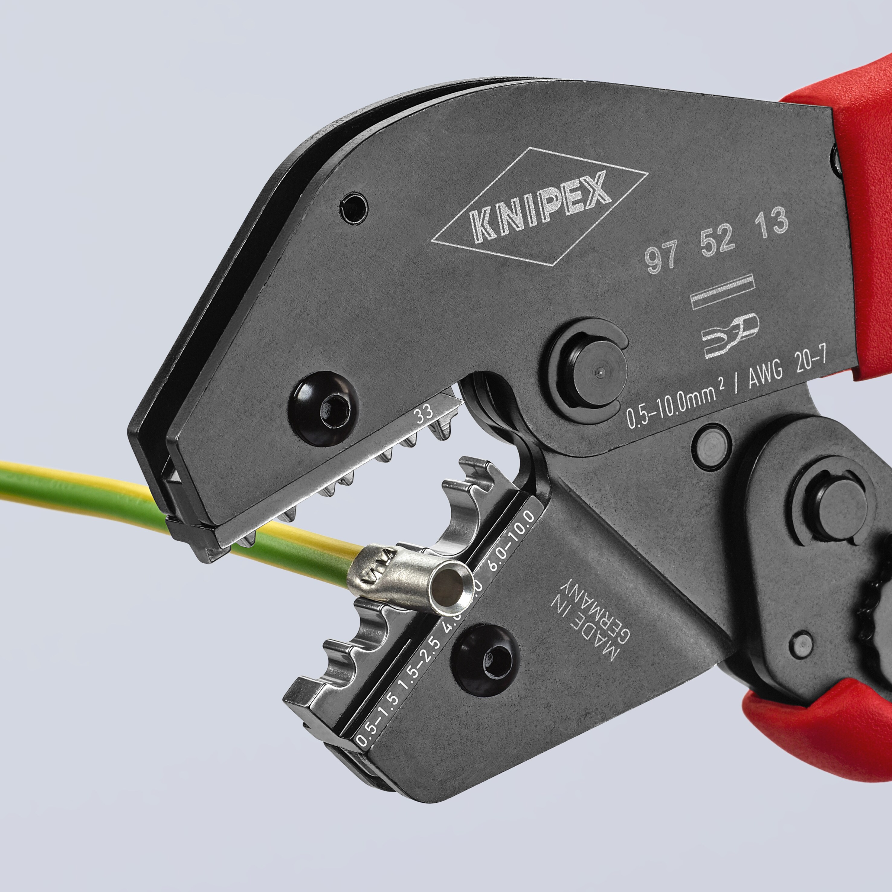 KNIPEX Pinzas de Crimpado Rojas de 10 pulgadas en Acero al Cromo Vanadio con Mango de Confort - Pinzas de Crimpado Eléctrico 97 52 13