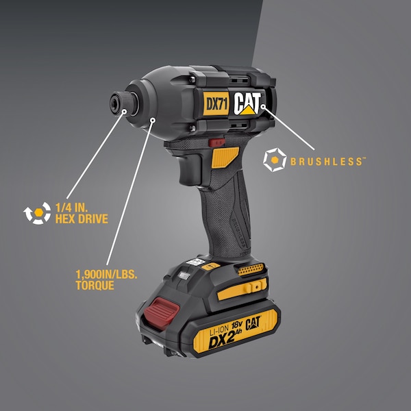 Caterpillar Cat 18V 1/4 in. Cordless High-Torque Impact Driver, 2 Batteries and Charger Included - DX71