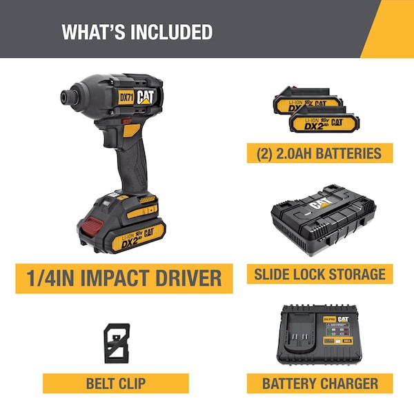 Caterpillar Cat 18V 1/4 in. Cordless High-Torque Impact Driver, 2 Batteries and Charger Included - DX71
