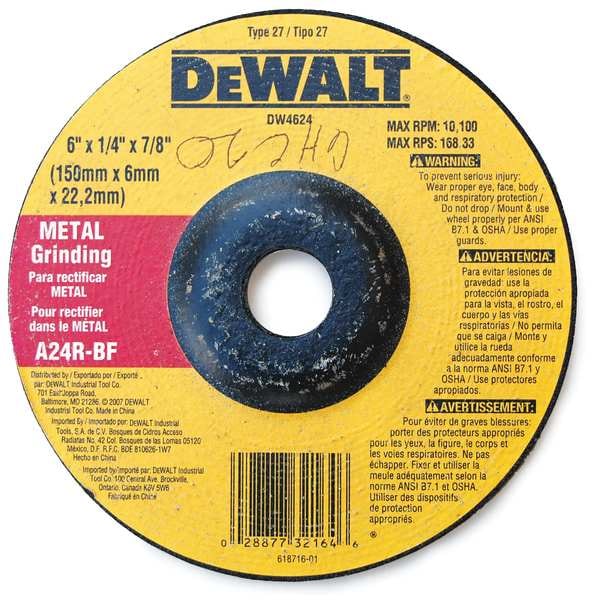 Rueda de esmerilado de metal de alto rendimiento Dewalt 6" x 1/4" x 7/8" - DW4624