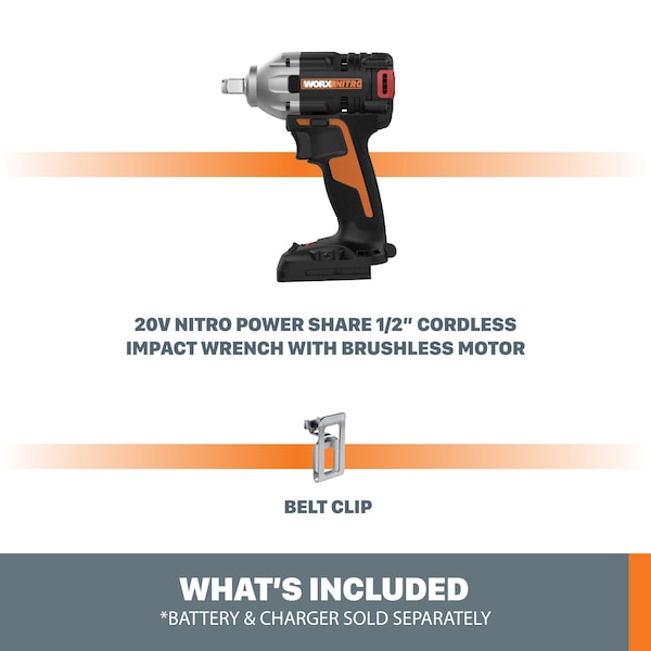 Worx 20V Power Share 1/2 in. Cordless Impact Wrench with Brushless Motor, Tool Only - WX272L.9