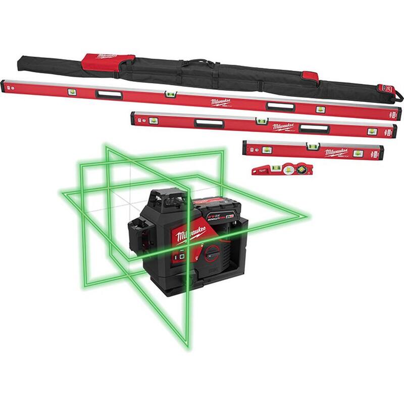 Juego de nivel de caja magnética Milwaukee Redstick con nivel torpedo y kit de nivel láser de 3 planos 250 ft. verde de 12 voltios M12 (6 piezas) - MLBXCM78-3632-21