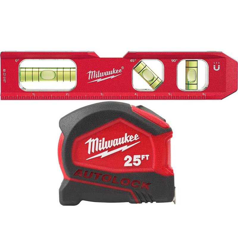 Nivel torpedo de 7 pulgadas de Milwaukee con Cinta Métrica Compacta de Bloqueo Automático de 25 pies - 48-22-5107-48-22-6825.