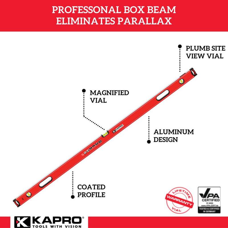 Nivel de caja de aluminio profesional Kapro de 96 pulgadas con burbuja magnificada y Plumb Site - 985-44X-96
