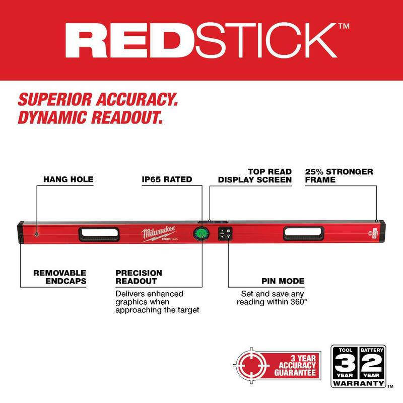 Nivel digital Milwaukee REDSTICK de 48 pulgadas con tecnología de medición de punto a punto y luz de inundación recargable LED de 550 lúmenes - MLDIG48-2114-21