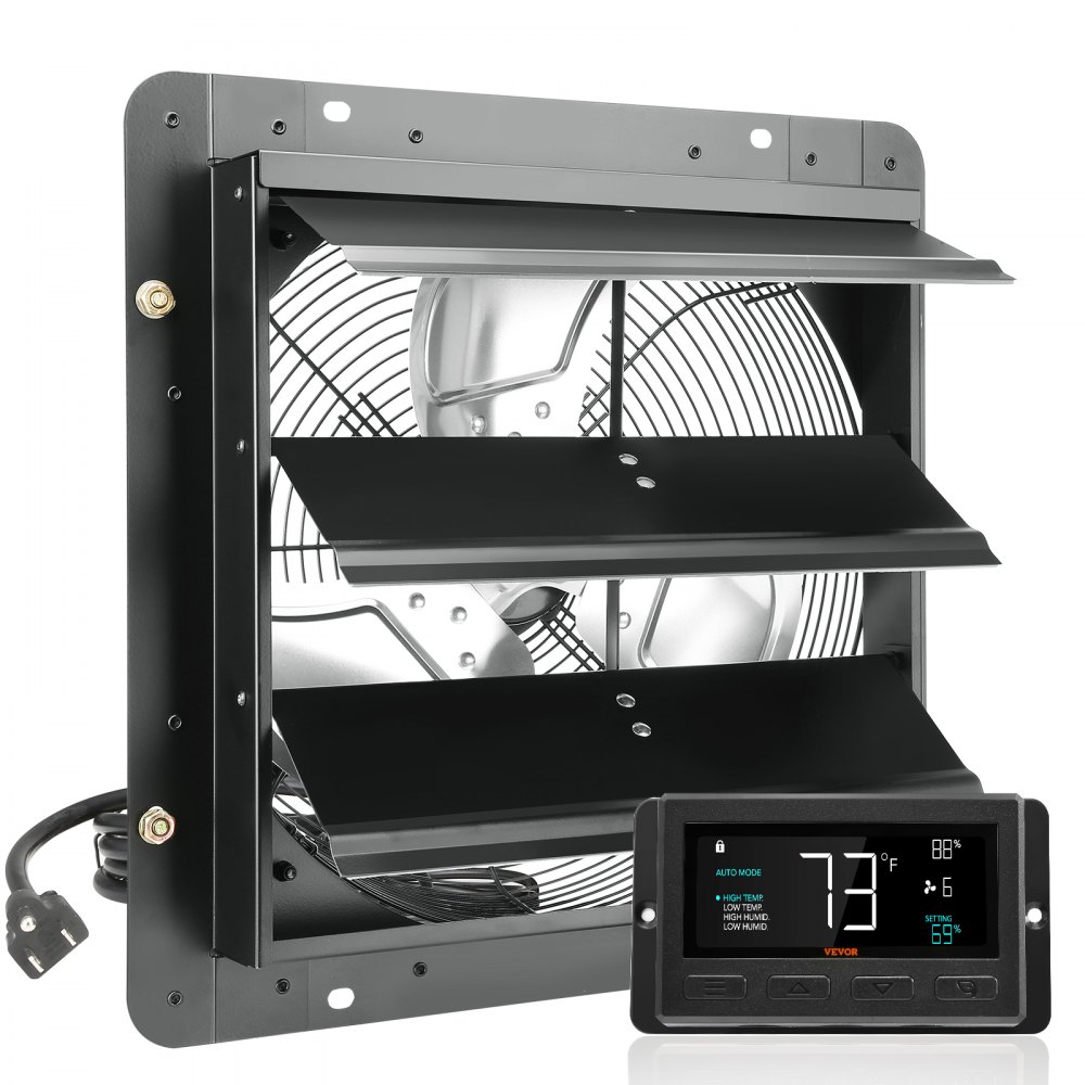 VEVOR Shutter Exhaust Fan, 14'' with Temperature Humidity Controller,  EC-motor, 1513 CFM, 10-Speed Adjustable Wall Mount Attic Fan, Ventilation and Cooling for Greenhouses, Garages, Sheds, ETL Listed - BYCSPQSDJEC14Y5NAV1
