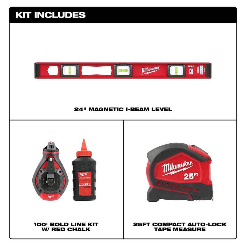 Kit de nivel magnético en forma de I de 24 pulgadas y carrete de tiza de línea audaz de 100 pies con tiza roja y cinta métrica compacta de bloqueo automático de 25 pies - MLIBM24-48-22-3986-48-22-6825