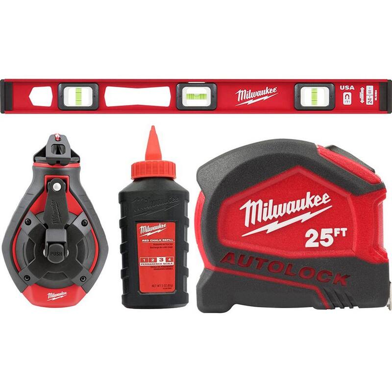 Kit de nivel magnético en forma de I de 24 pulgadas y carrete de tiza de línea audaz de 100 pies con tiza roja y cinta métrica compacta de bloqueo automático de 25 pies - MLIBM24-48-22-3986-48-22-6825