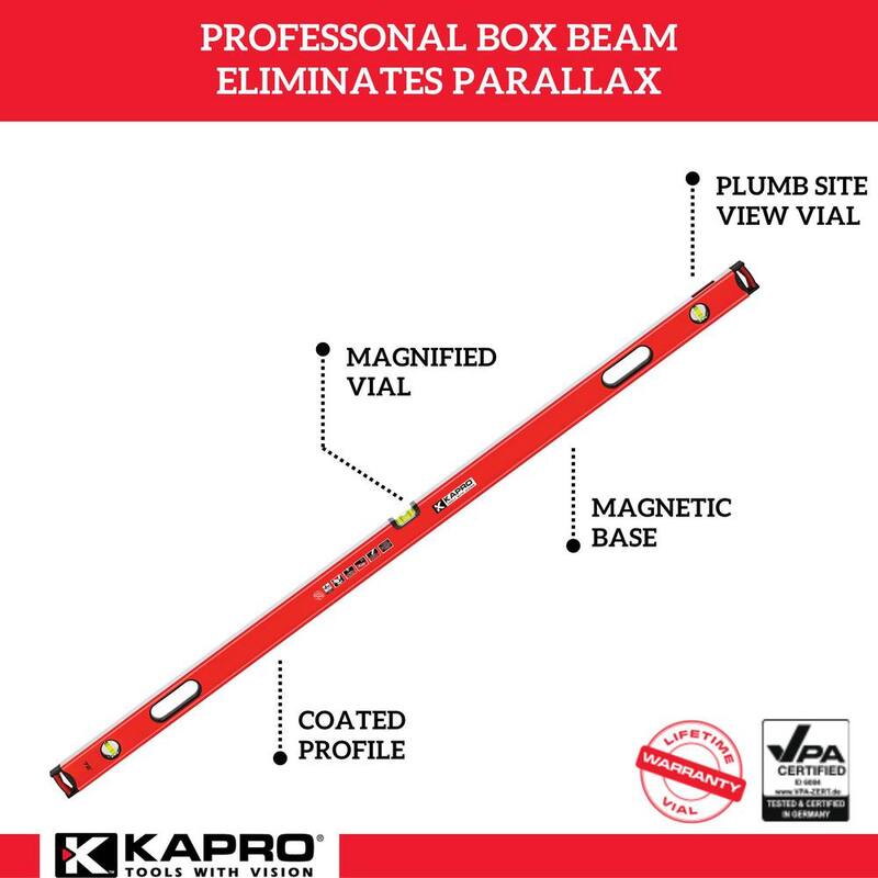 Nivel de caja magnético de aluminio profesional Kapro de 96 pulgadas con burbuja magnificada y sitio de plomada - 985-44X-96M