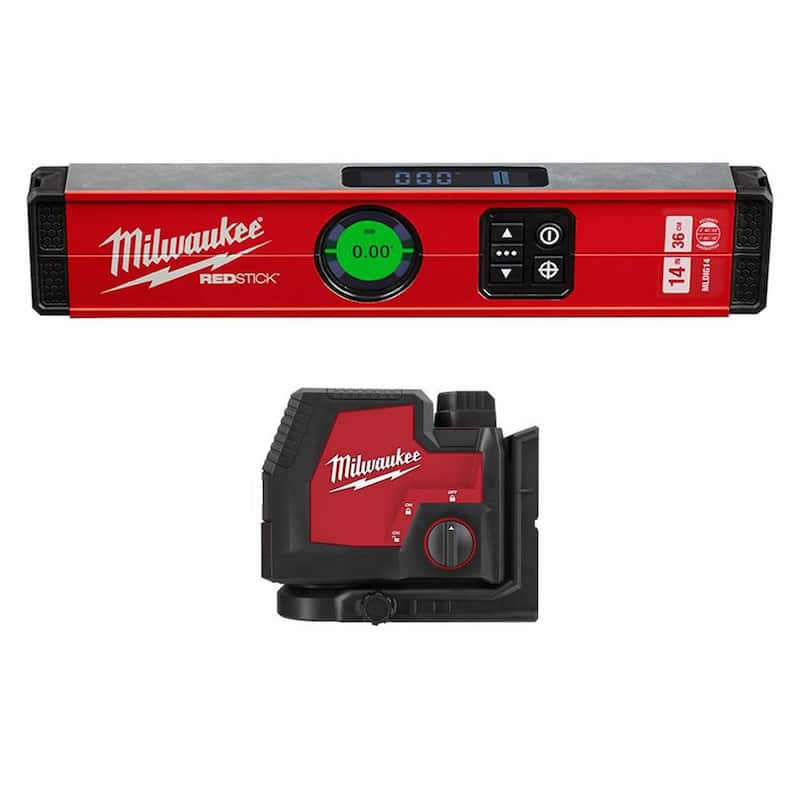 Milwaukee 14 pulgadas Nivel de caja digital REDSTICK con láser de línea cruzada verde de 100 pies y puntos de plomada - MLDIG14-3522-21