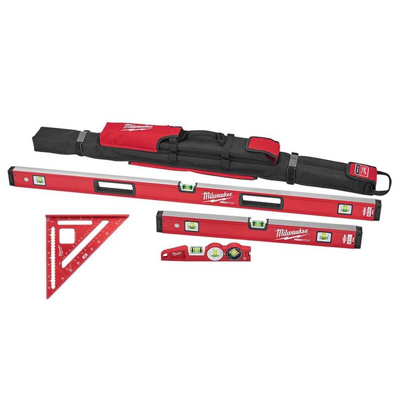 Set de nivel de viga en caja Milwaukee 10 pulgadas/24 pulgadas/48 pulgadas REDSTICK con nivel torpedo y escuadra para cabrilla de 7 pulgadas - MLBXC48-MLSQ070