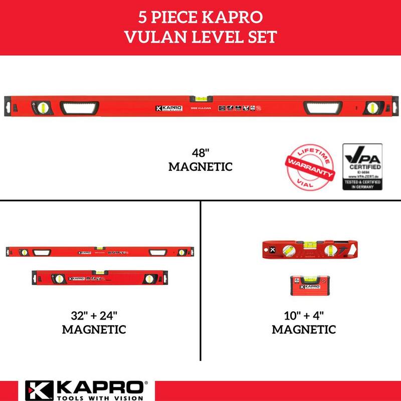 Set de 5 piezas de nivel de caja magnético de aluminio Kapro Vulcan de 4, 10, 24, 32 y 48 pulgadas - 995M-BXS