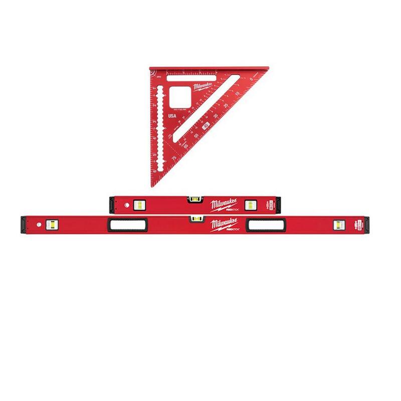 Set de niveles de caja Milwaukee REDSTICK de 24 y 48 pulgadas con escuadra para vigas de 7 pulgadas (3 piezas) - MLBXS48-MLSQ070