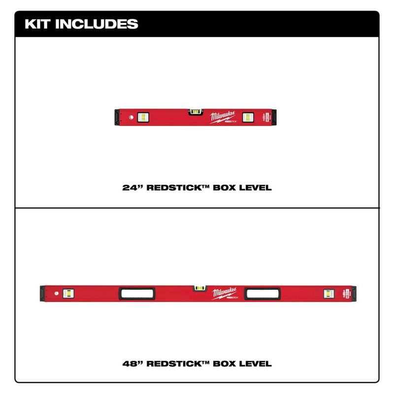 Set de niveles de caja Milwaukee REDSTICK de 24 y 48 pulgadas con escuadra para vigas de 7 pulgadas (3 piezas) - MLBXS48-MLSQ070