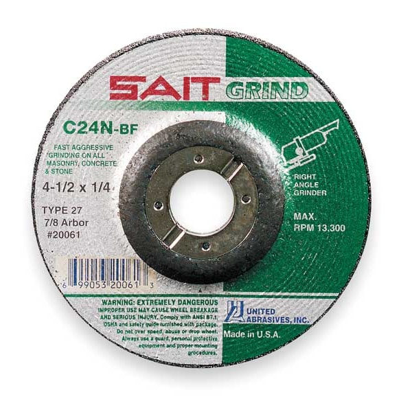 United Abrasives/Sait Rueda de rectificado de centro deprimido, 27, 9" de diámetro, 1/4" de grosor, tamaño de agujero de arbor de 7/8", carburo de silicio - 20092