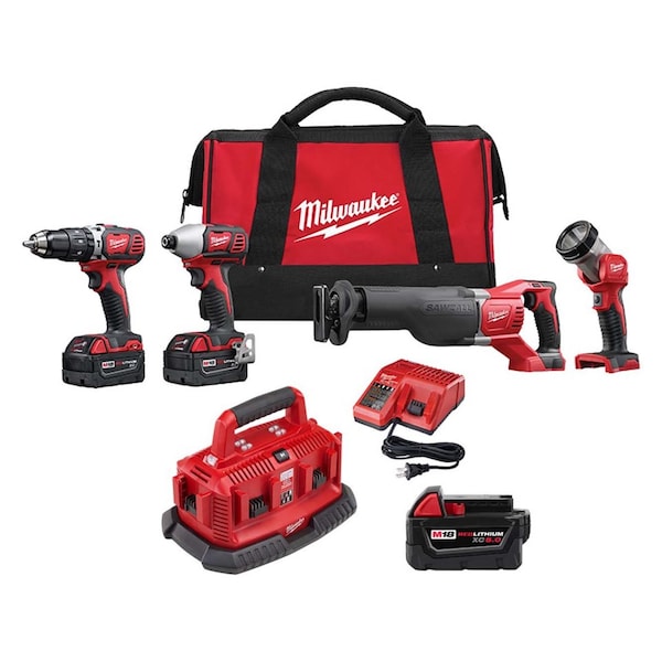 Milwaukee Tool Cordless Combo Kit, 18.0 V, 4 Tools, 2 Batt - 2696-24, 48-59-1806, 48-11-1850