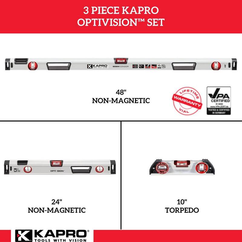 Niveles de caja de viga de aluminio no magnético Kapro Optivision de 10, 24 y 48 pulgadas con 3 niveles - 905-CBS.