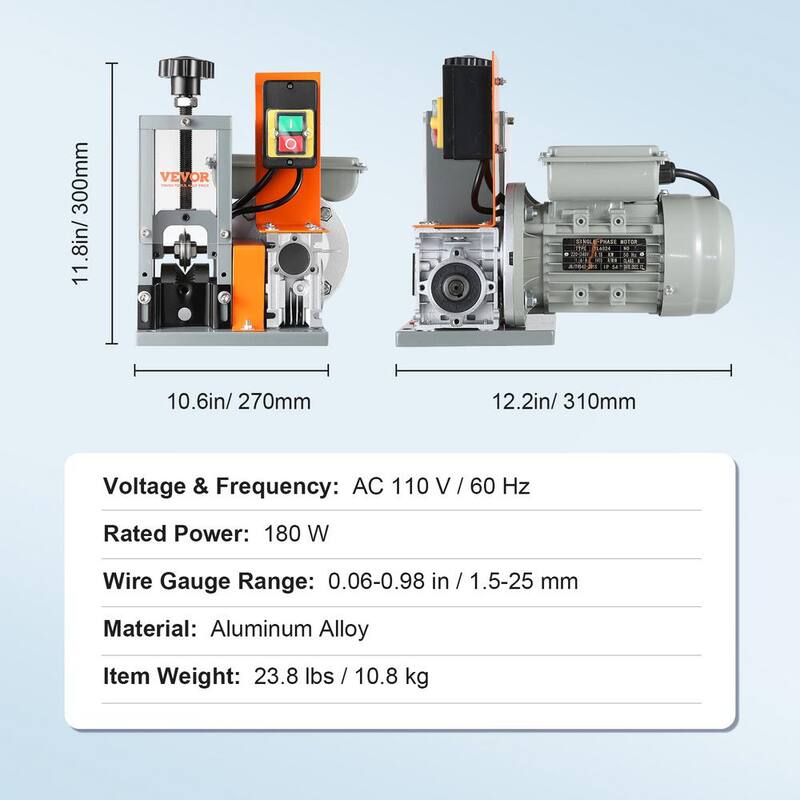 Máquina automática para pelar cables de alambre VEVOR de 0.06 pulgadas a 0.98 pulgadas. Peladora de cables motorizada eléctrica de 180W 60 pies/min para cobre - BX180W11525MMAVETV1