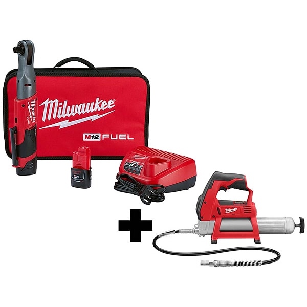 Milwaukee Tool M12 1/2" Ratchet 2Batt, M12 Grease Gun - 2558-22, 2446-20
