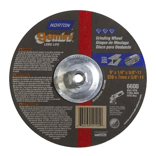Rueda de rectificar Norton Co, deprimida Cntr, Tipo 27 - Metal - Óxido de Aluminio Gemini, 9 x 1/4 x 5/8-11, RPM máximo: 6600 - 662530-49104