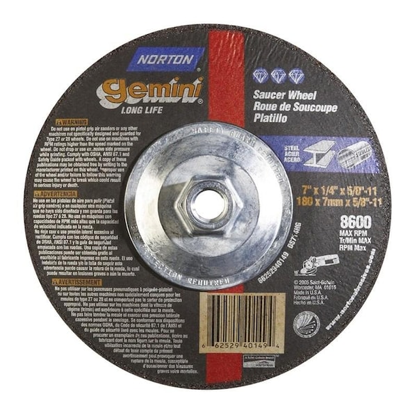 Rueda de molienda Norton Co, centro deprimido, tipo 28 de óxido de aluminio, tamaño: 7 x 1/4 x 5/8-11, RPM máximo: 8600 - 662529-40149