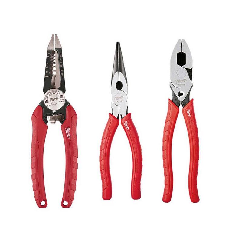 Juego de 3 piezas de pinzas pelacables 6-en-1 Milwaukee de 7.75 pulgadas con pinzas de electricista, prensador y pinzas de punta larga - 48-22-3079-48-22-6100-48-22-6101.