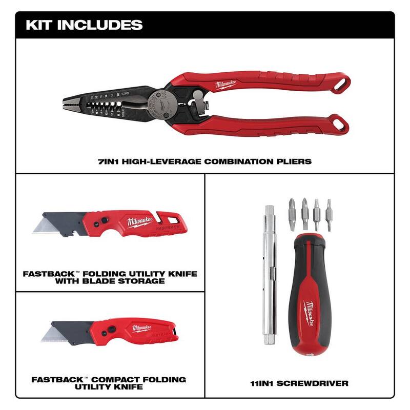 Juego de alicate pelacables/cortador combinado Milwaukee 7-en-1 con cuchillo para utilería plegable FASTBACK y destornillador 11-en-1 (4 piezas) - 48-22-3078-48-22-1503-48-22-2761