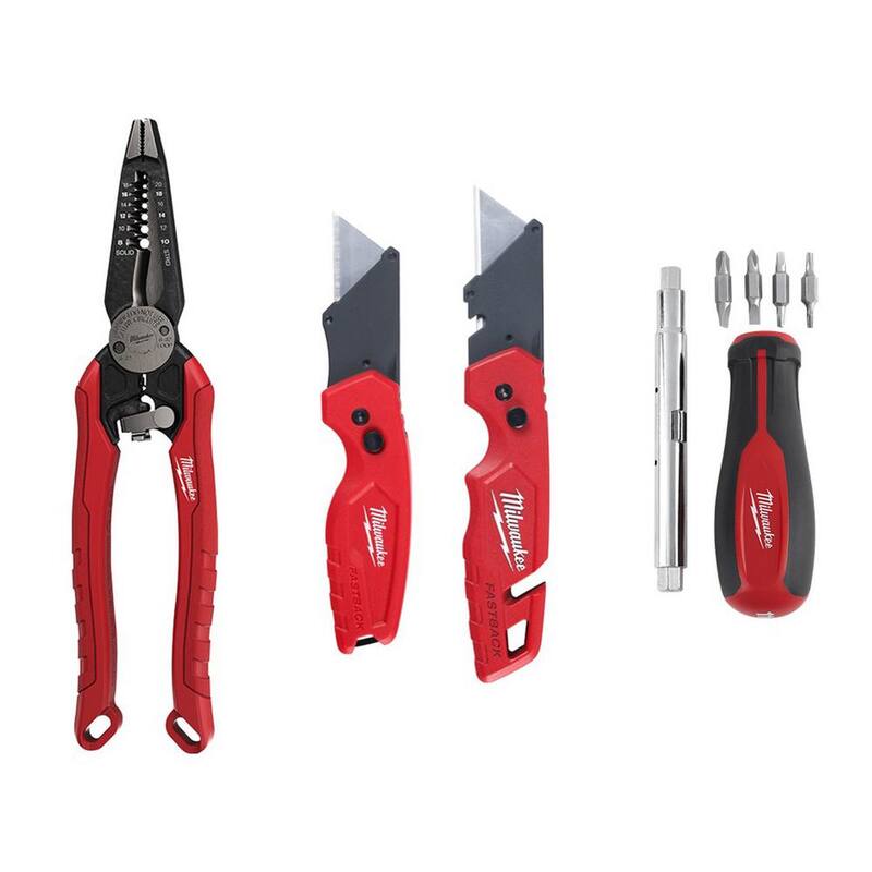 Juego de alicate pelacables/cortador combinado Milwaukee 7-en-1 con cuchillo para utilería plegable FASTBACK y destornillador 11-en-1 (4 piezas) - 48-22-3078-48-22-1503-48-22-2761
