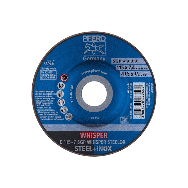 Rueda de rectificado Pferd de 4-1/2" x 1/4", 7/8" A.H. - SGP WHISPER STEELOX - Tipo 27 - 61582