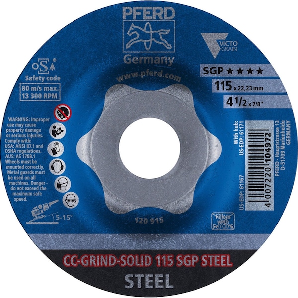 Pferd 61167 4-1/2 pulgadas CC-Grind-Solid - 7/8 pulgadas A.H. - Acero SGP Victograin - 61167-PFERD