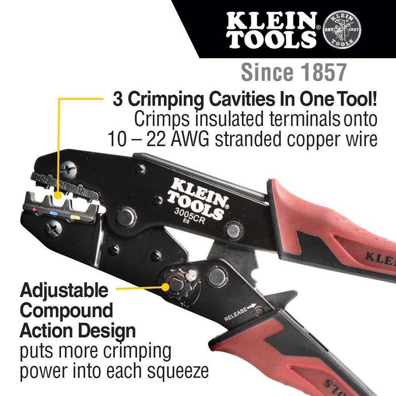 Herramienta de engarzado de trinquete Klein Tools, Terminales aislados de calibre 10-22 AWG - 3005CR