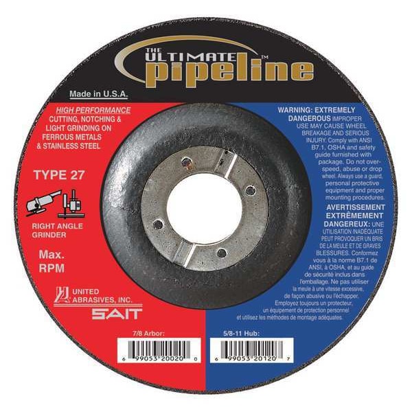 Rueda de corte y esmerilado United Abrasives/Sait, 27, 9" de diámetro, 1/8" de espesor, tamaño de orificio de árbol de 5/8"-11, Alúmina de circonio - 20140