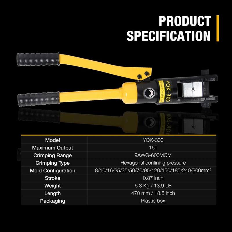 Herramienta prensadora hidráulica para terminales eléctricos de manguito de 16T Etokfoks con batería de 9 AWG a 600 MCM, carrera de 0.87 y 13 pares de dados - MLSA04-2LT007.